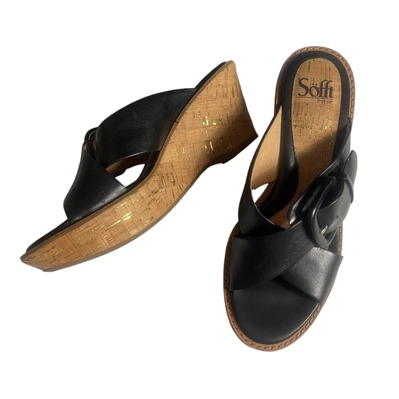 Sofft 9 Black Buckle Black Cross Strap Wedge Sandal 3" Heel - Picture 1 of 8